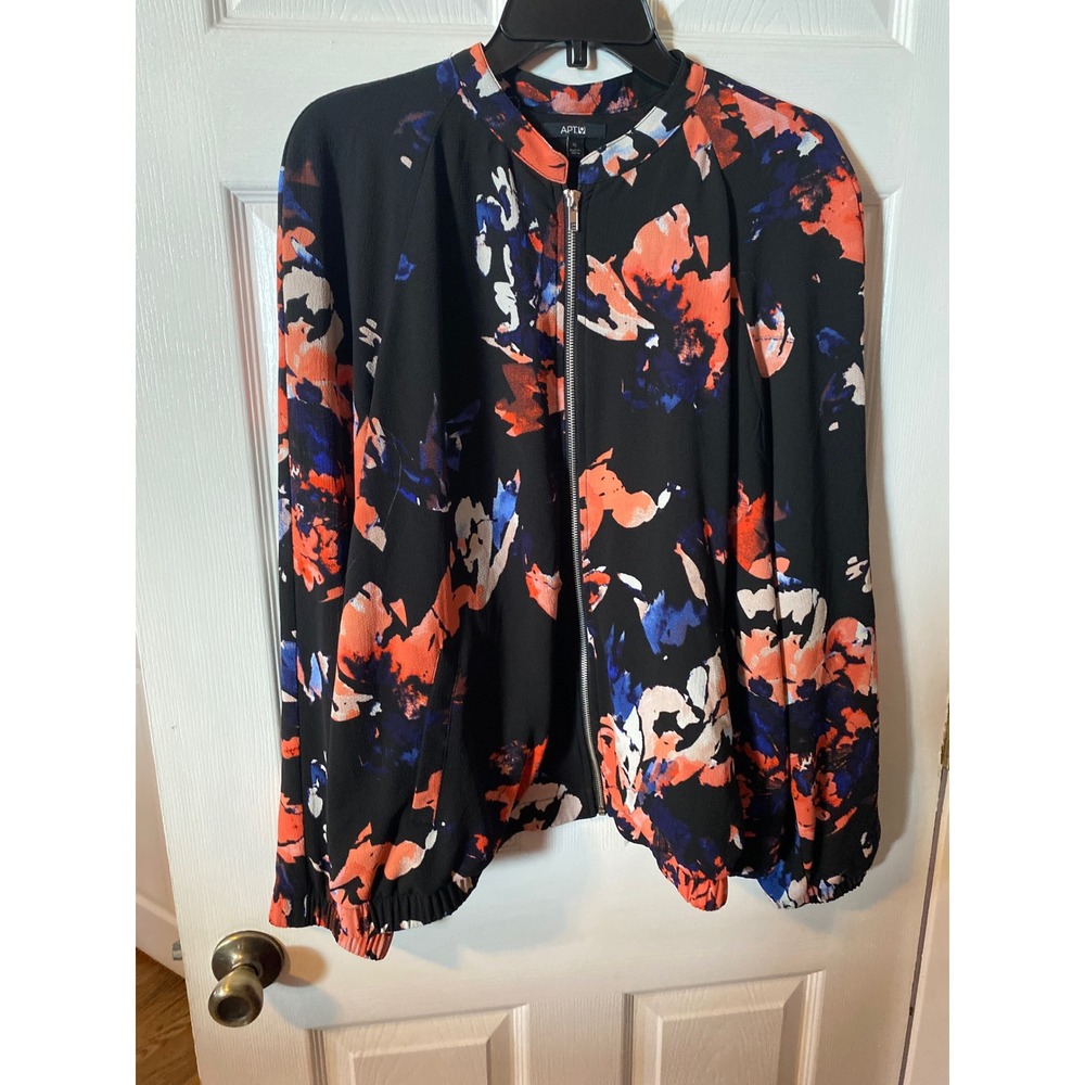 Apt 9 Womens XL Floral Bomber Jacket Black Blue Coral Zip Front Lightweight